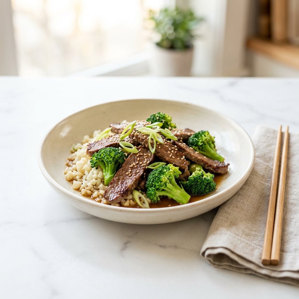 A bowl of lean beef, broccoli, and cauliflower rice stir-fry on a white marble surface.