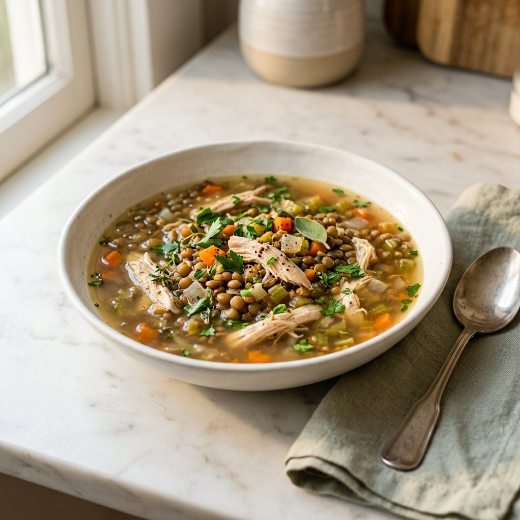 A bowl of lentil and chicken soup with vegetables and herbs on a white marble surface.