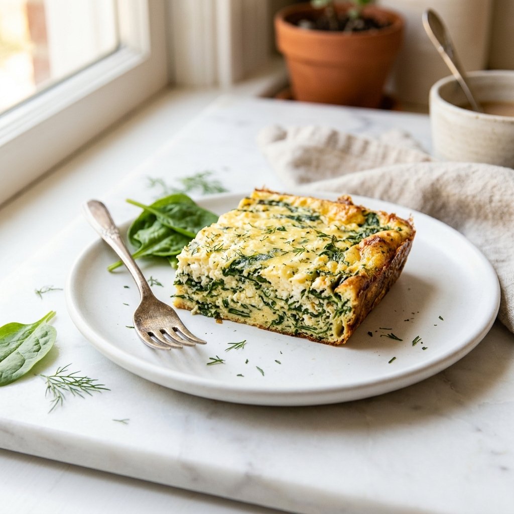 A golden spinach and cottage cheese egg bake slice served on a white plate.