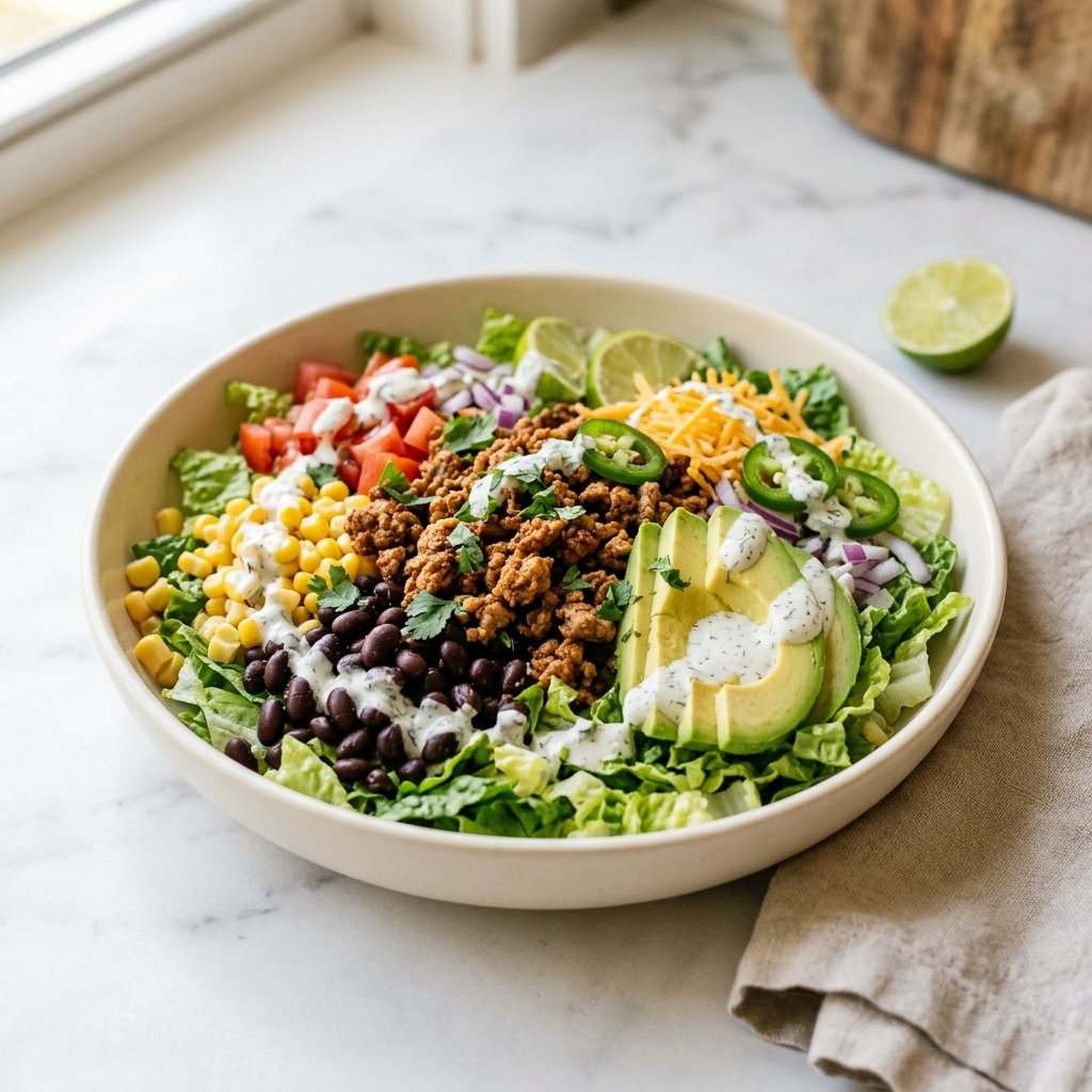 A bowl of turkey taco salad with lettuce, beans, corn, tomatoes, avocado, and Greek yogurt dressing on a white marble surface.