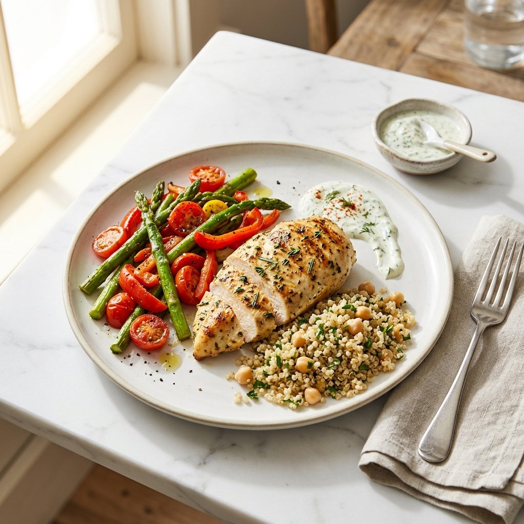 A balanced dinner plate with grilled chicken, vegetables, whole grains, and a light sauce on a white marble surface.