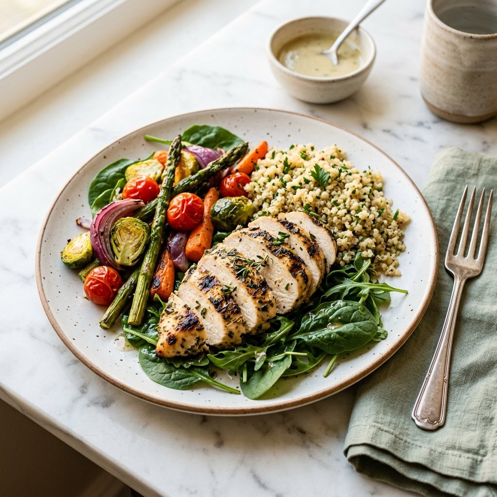 A balanced high-protein dinner with grilled chicken, roasted vegetables, greens, and quinoa on a white marble surface.