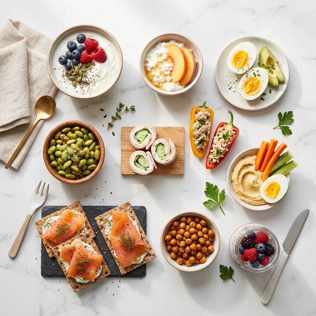 Ten colorful high-protein snacks arranged on plates and bowls across a white marble surface.