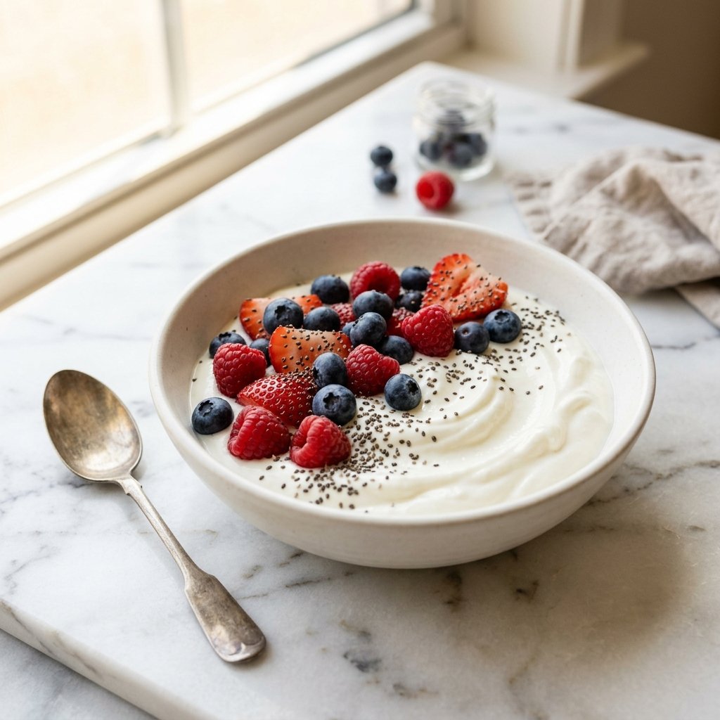 A bowl of Greek yogurt topped with berries and chia seeds on a white marble surface.