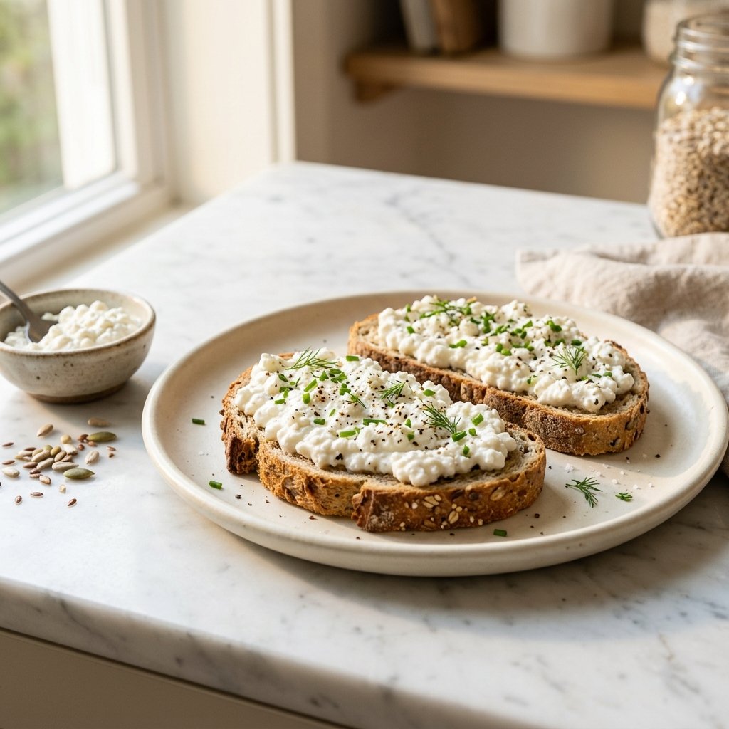 Two slices of whole-grain toast topped with cottage cheese on a ceramic plate.