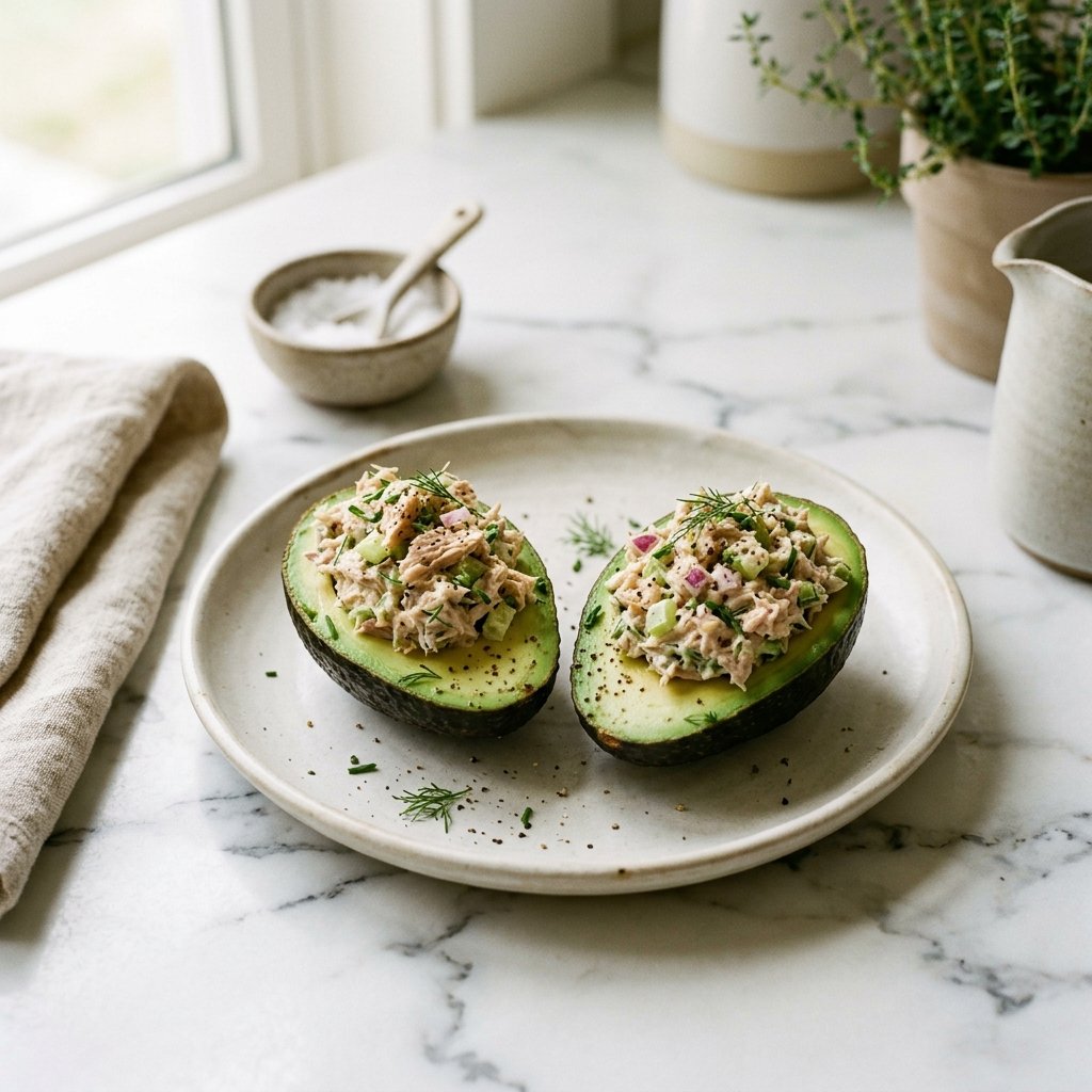 A halved avocado filled with creamy tuna salad on a white plate.