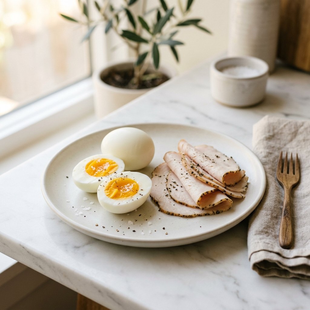 Two hard-boiled eggs and sliced turkey arranged on a plate.