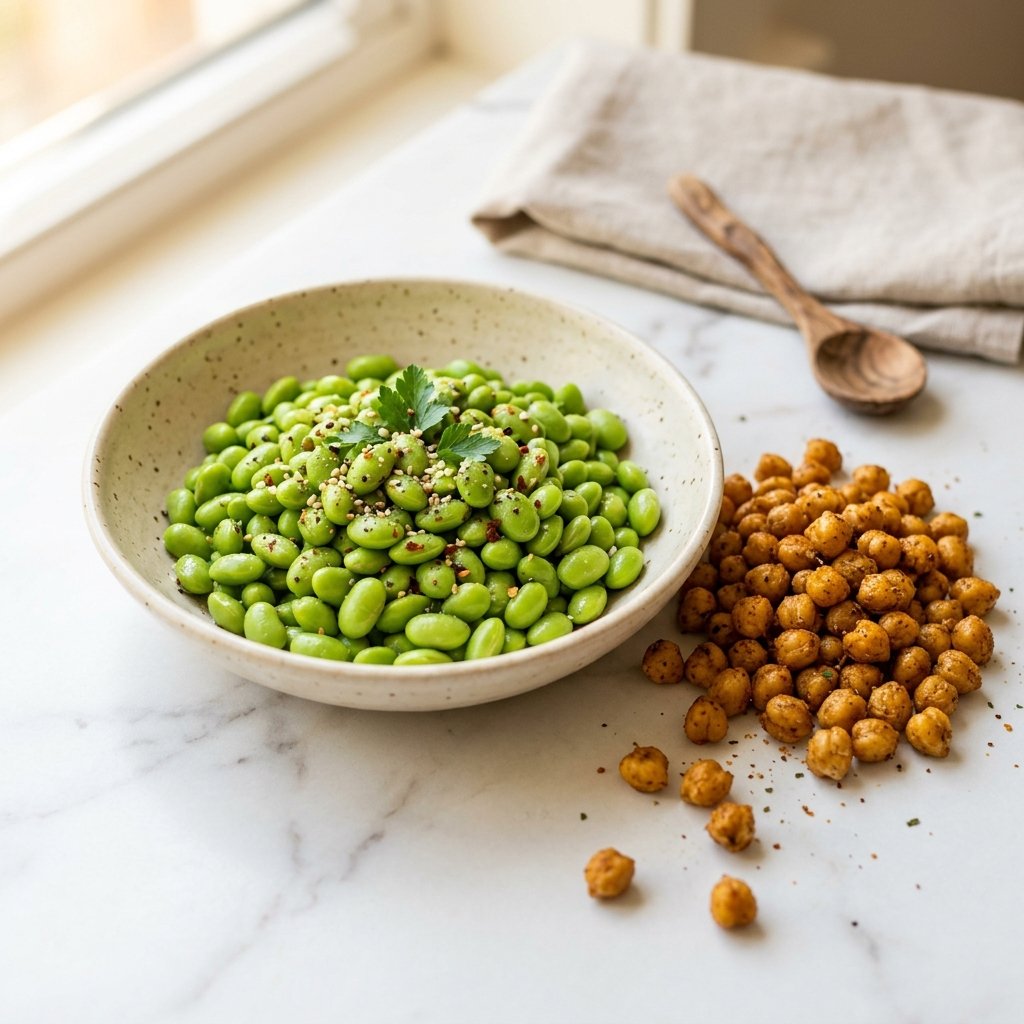 A bowl of green edamame beside a serving of golden roasted chickpeas on a white marble surface.