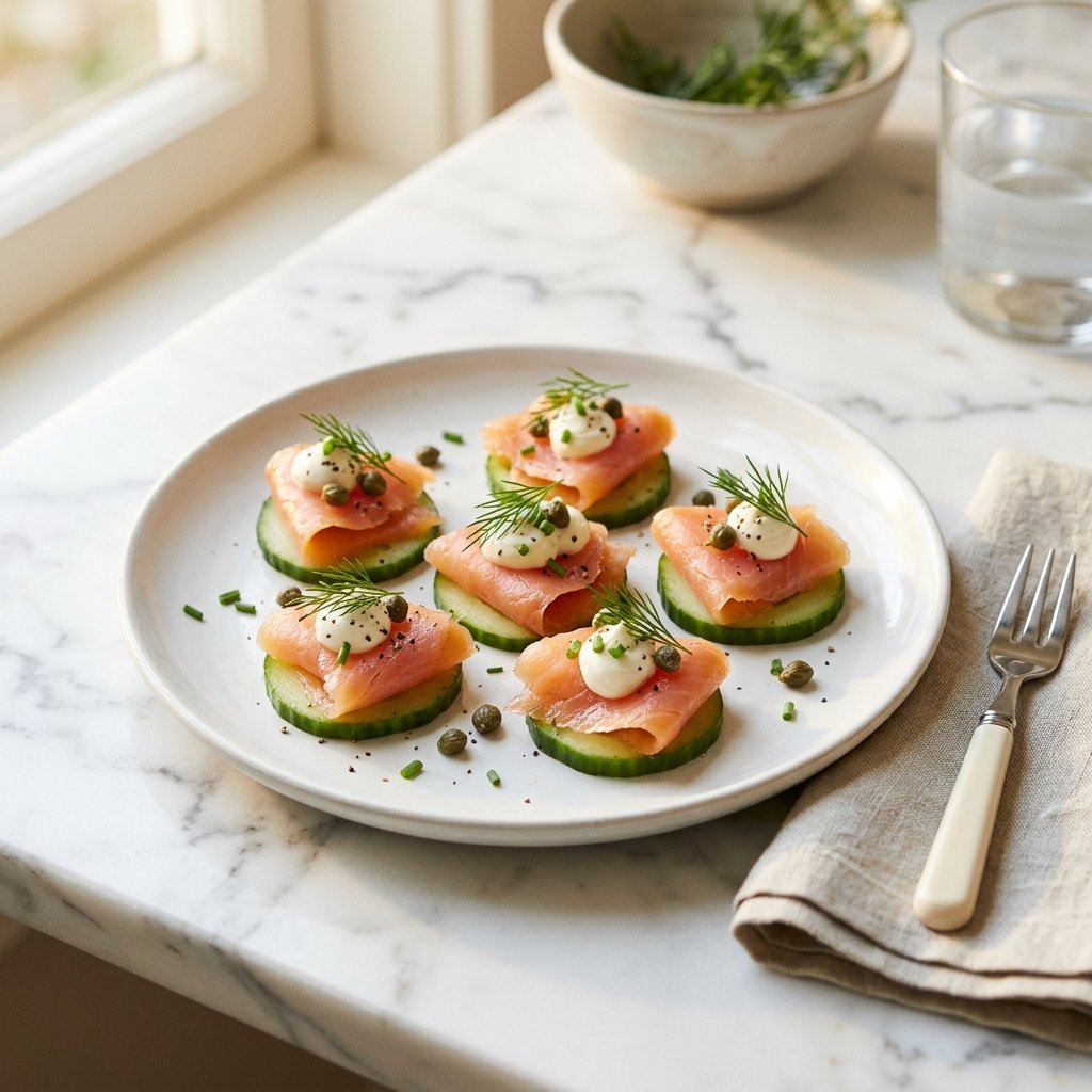Smoked salmon, cucumber, and cream cheese arranged on a white plate.