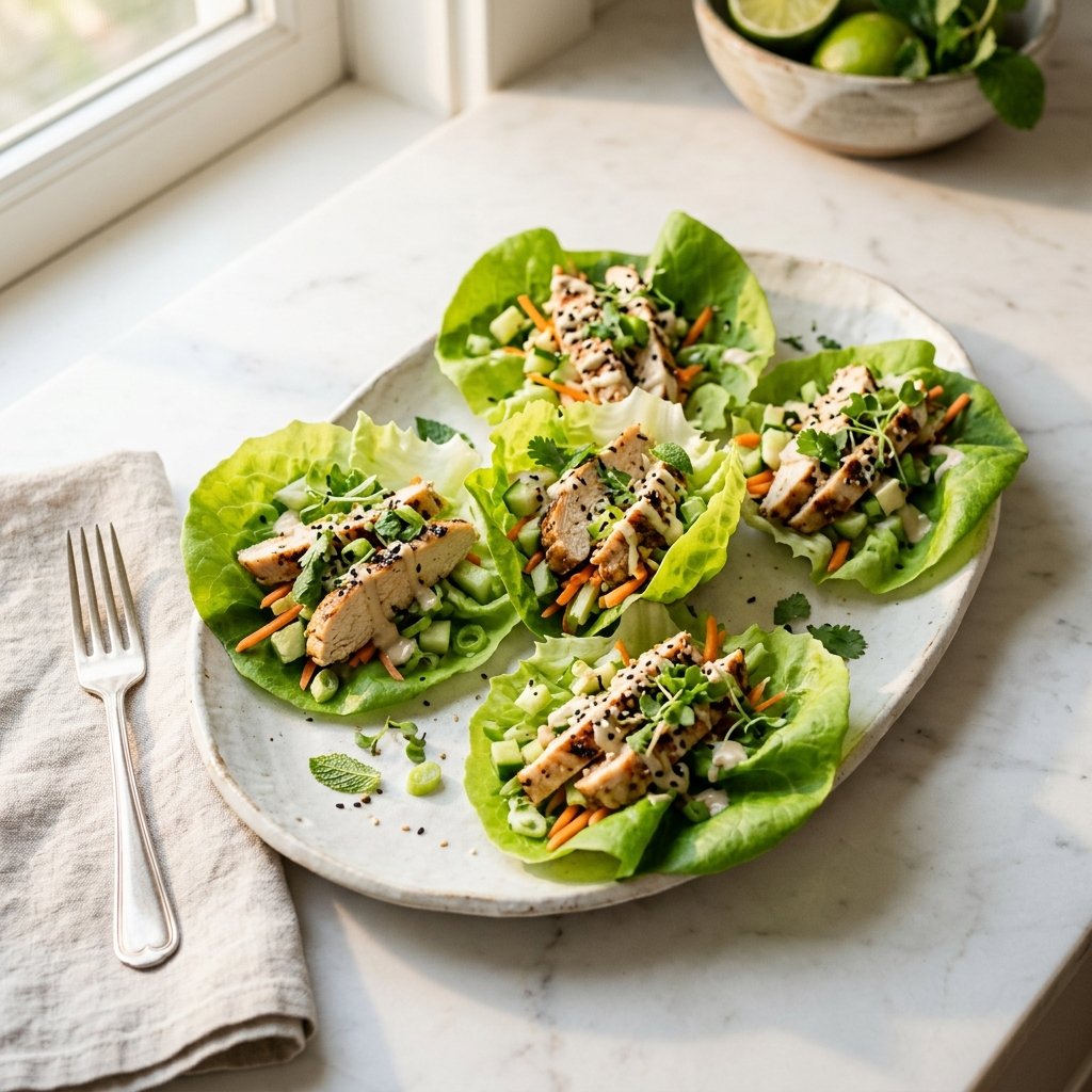 Chicken lettuce wraps filled with sliced chicken and fresh vegetables on a white platter.