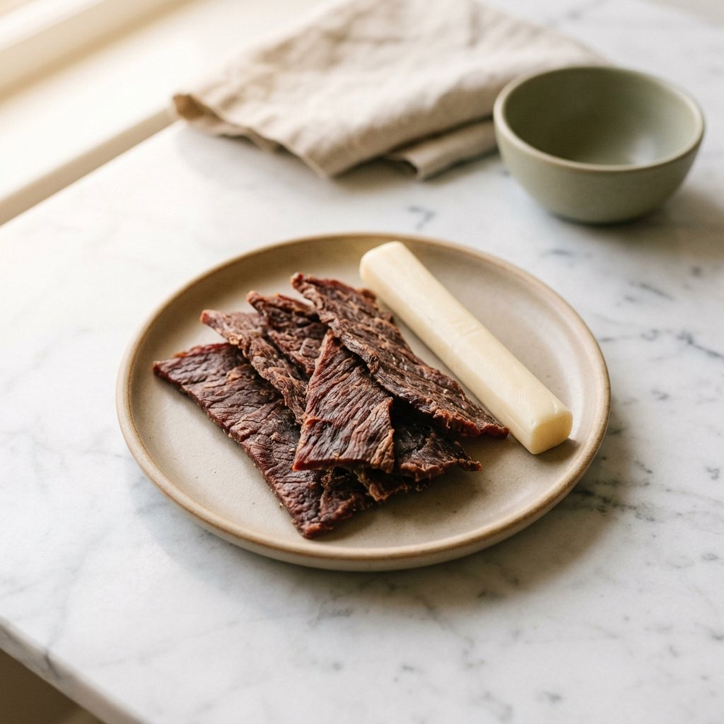 Beef jerky slices and a cheese stick arranged on a small plate.