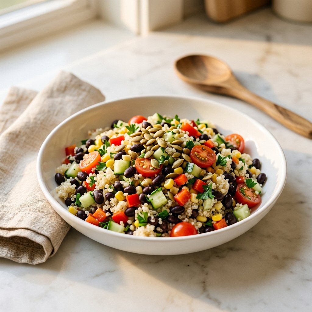 A bowl of black bean and quinoa salad with vegetables, herbs, and pumpkin seeds on a white marble surface.
