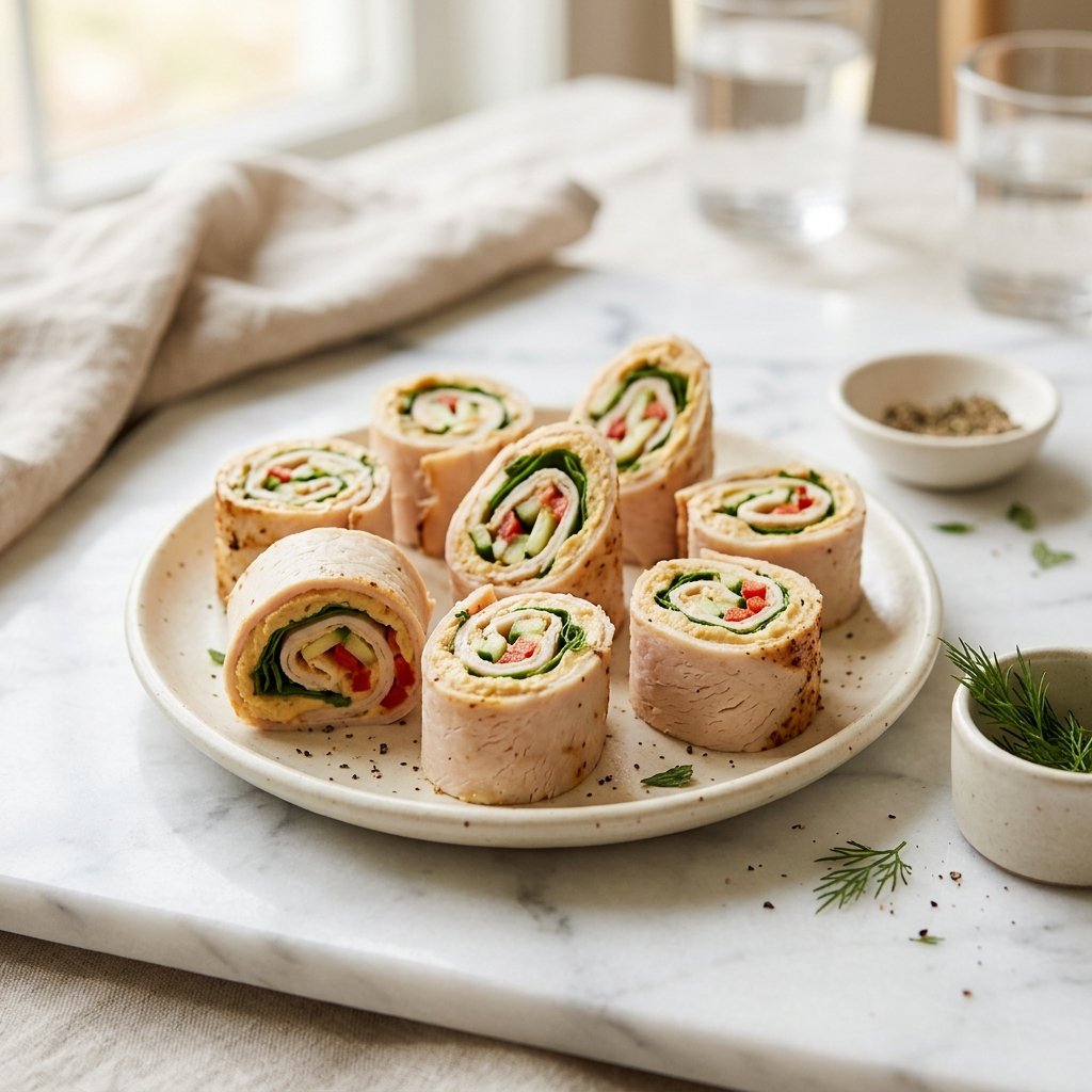 Turkey and hummus roll-ups arranged on a white plate.