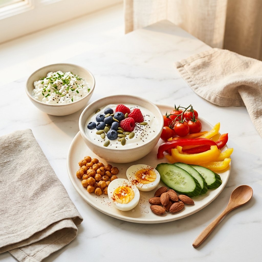 An assortment of high-protein snacks including yogurt, eggs, vegetables, chickpeas, cottage cheese, and almonds arranged on a white marble surface.