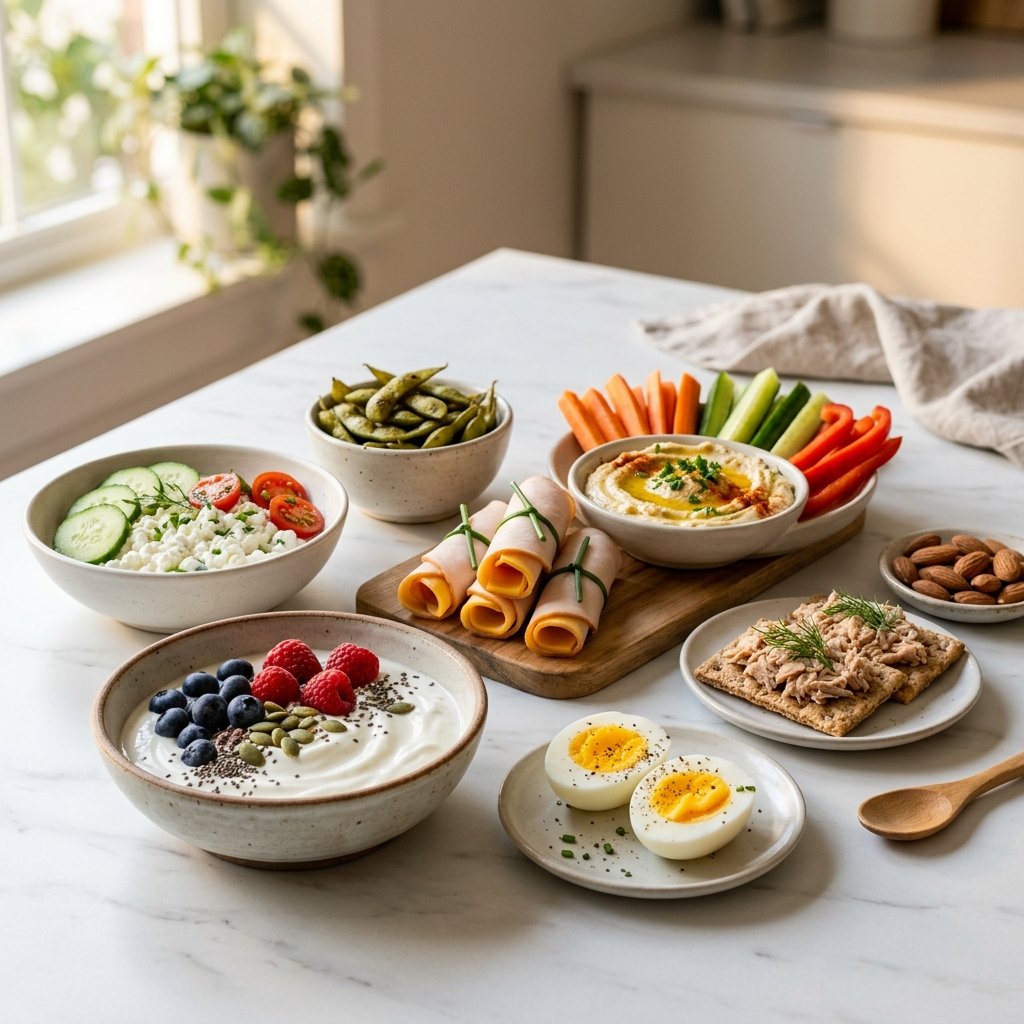 An assortment of protein-rich snacks arranged on plates and bowls across a white marble surface.