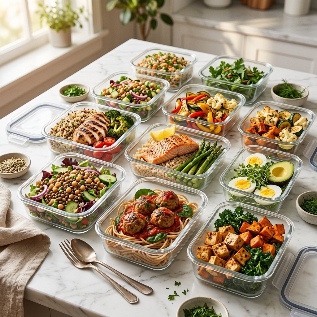 An assortment of colorful high-protein meal-prep dishes arranged on a white marble surface.