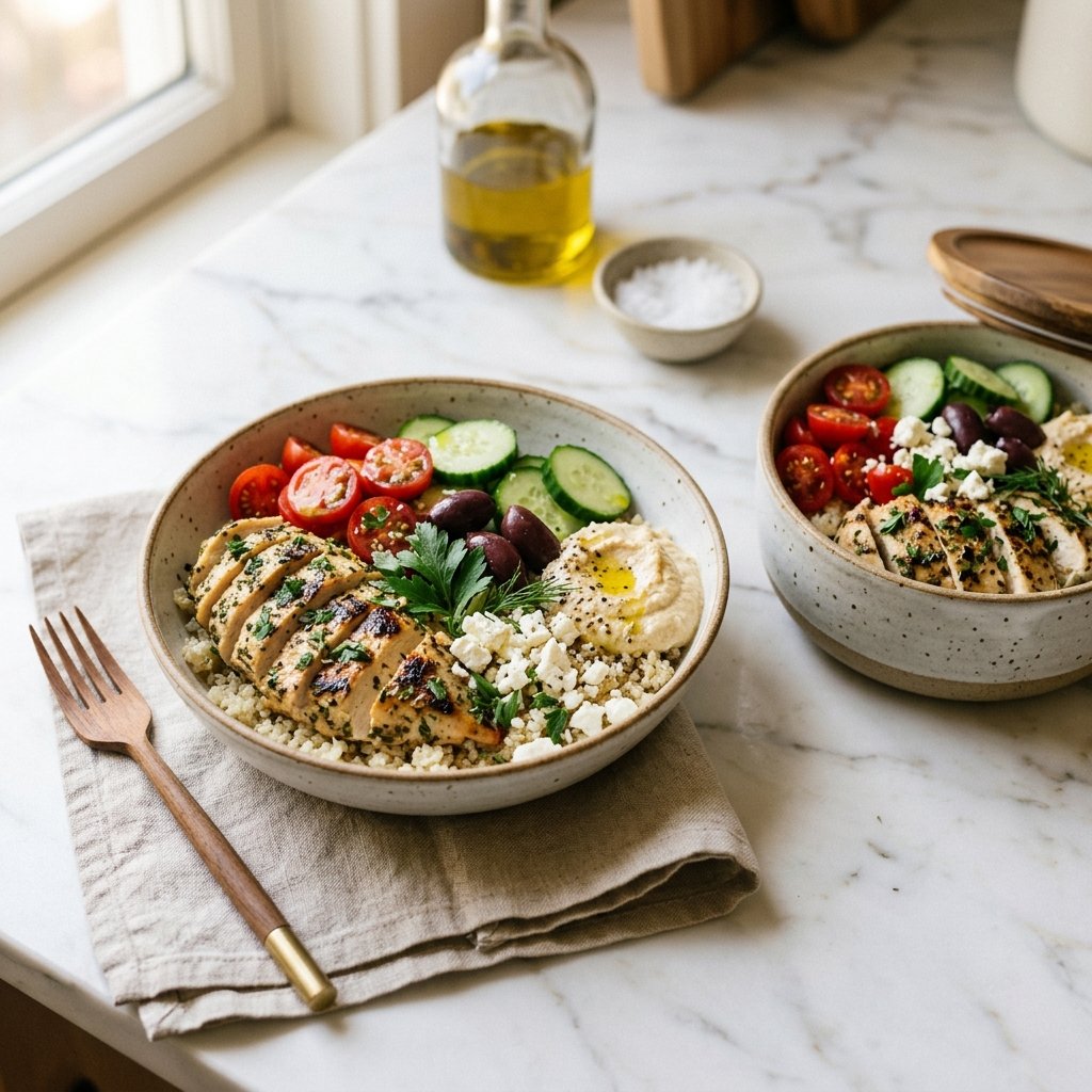 Two bowls of quinoa topped with grilled chicken, vegetables, olives, feta, hummus, and fresh herbs on a white marble surface.