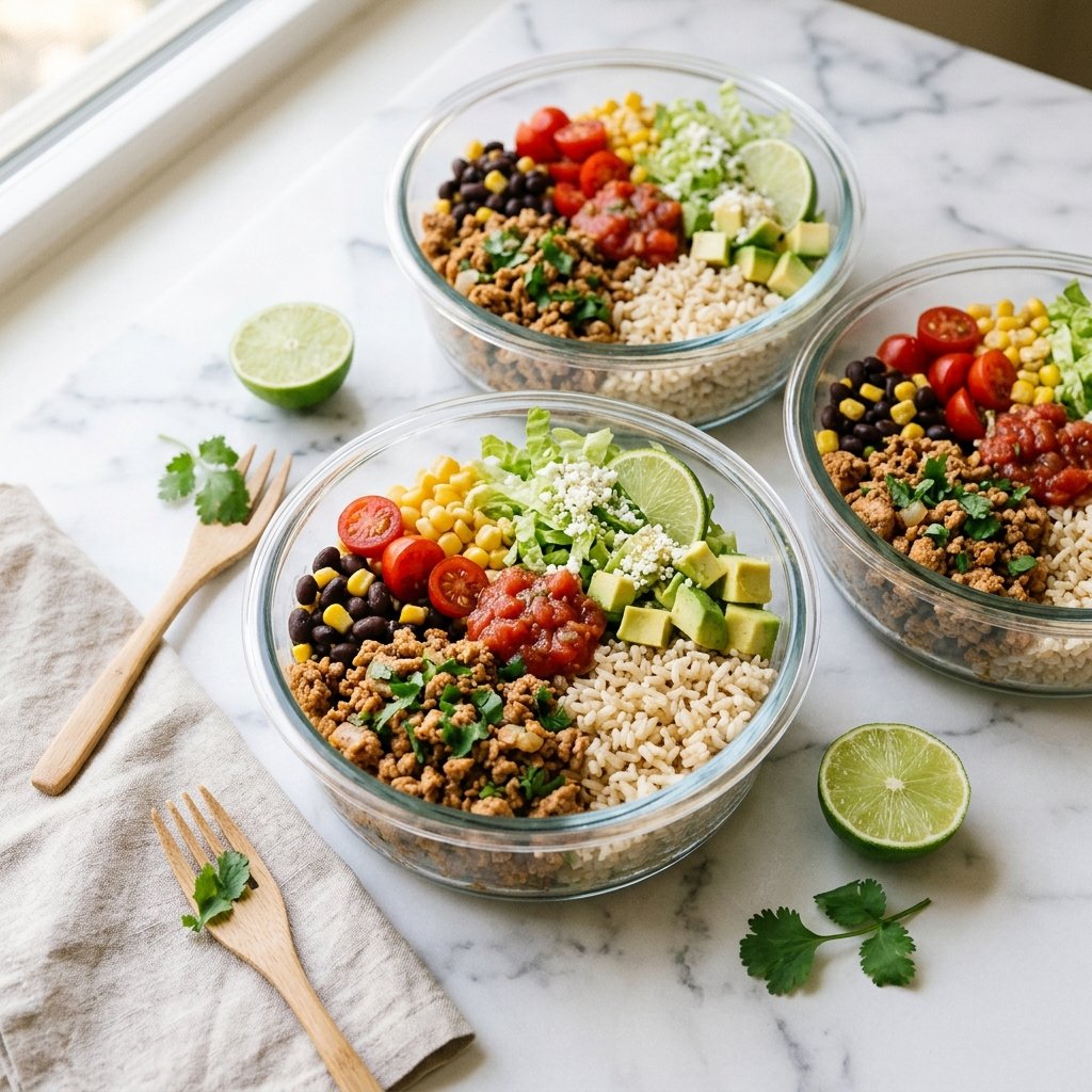 Meal-prep bowls filled with turkey, grains, beans, corn, avocado, tomatoes, lettuce, and salsa.