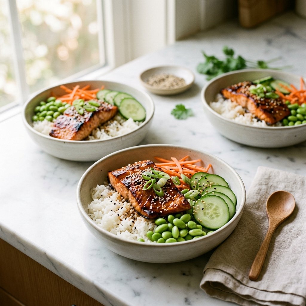 Teriyaki-glazed salmon with rice, edamame, cucumber, and carrots served in meal-prep bowls.