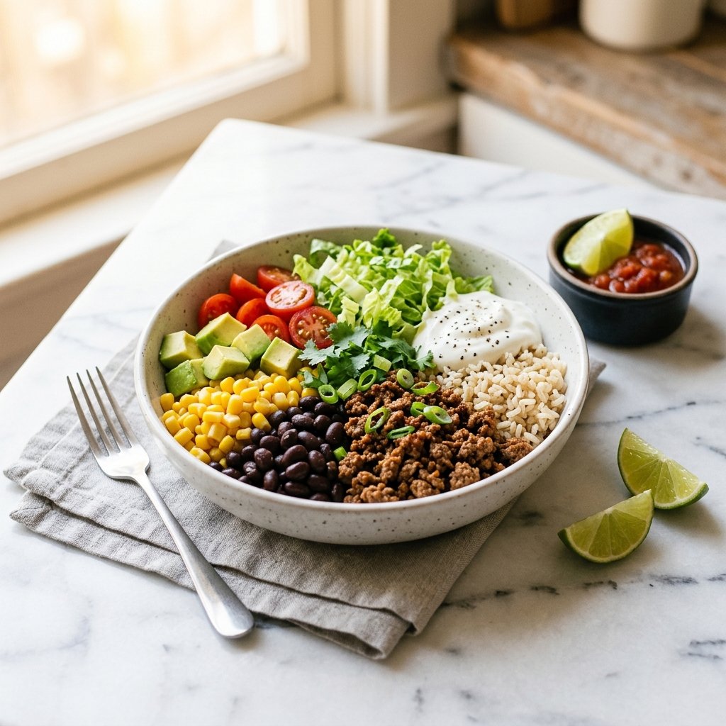 A colorful bowl of lean beef, grains, beans, vegetables, avocado, and lime on a white marble surface.