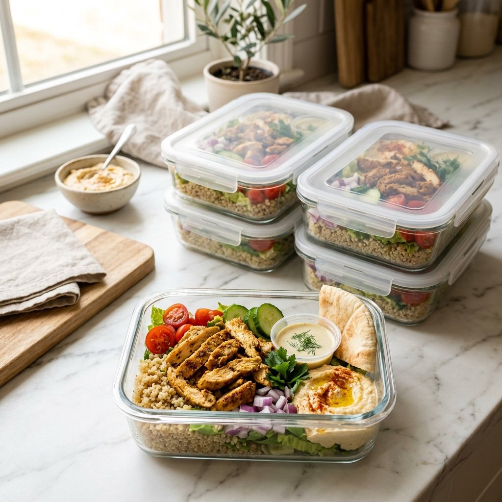 Meal-prep boxes filled with sliced chicken shawarma, grains, salad vegetables, and creamy sauce.
