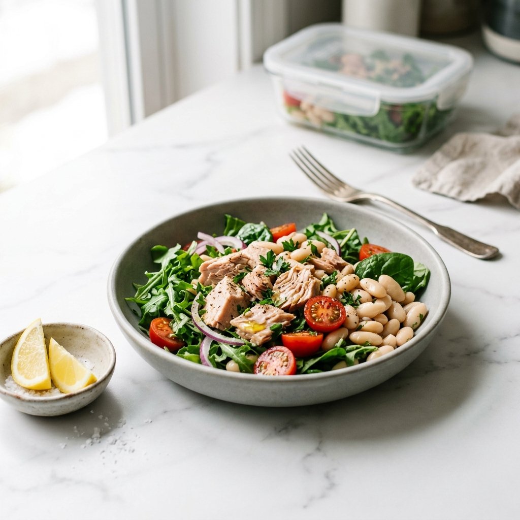 A bowl of tuna and white bean salad with greens, tomatoes, red onion, parsley, and lemon wedges on a marble surface.