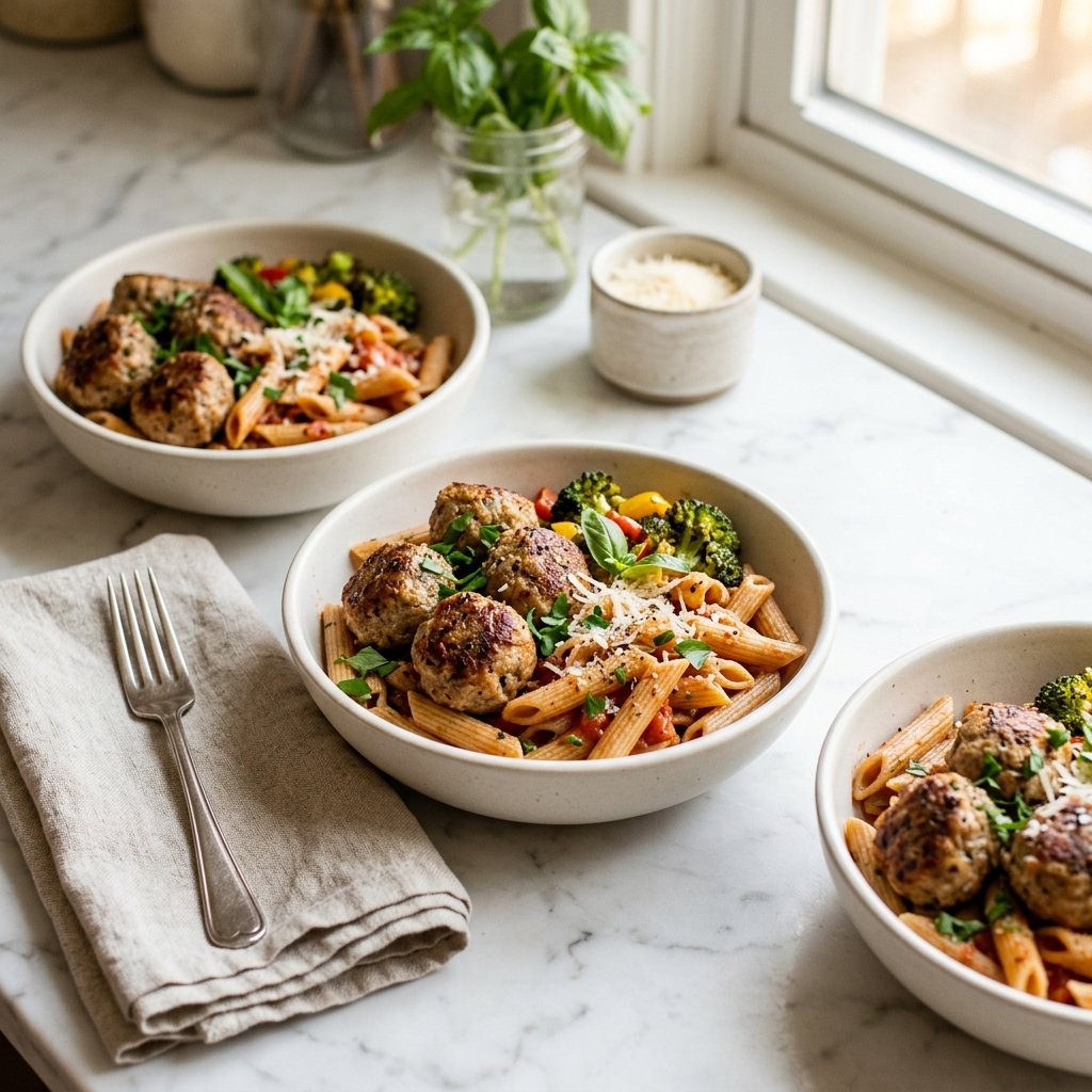 Bowls of turkey meatballs and pasta with tomato sauce and herbs on a white marble surface.