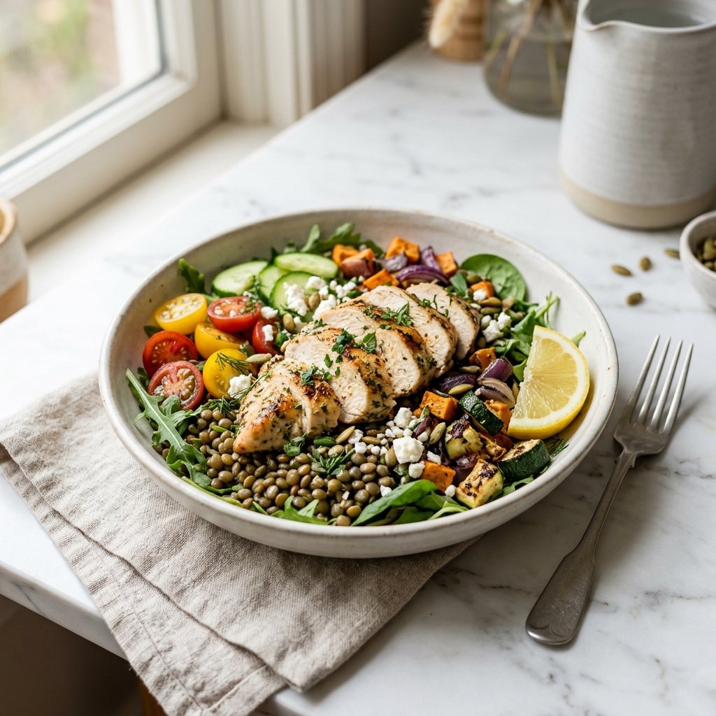 A bowl of grilled chicken and lentil salad with greens, tomatoes, cucumber, and herbs on a white marble surface.