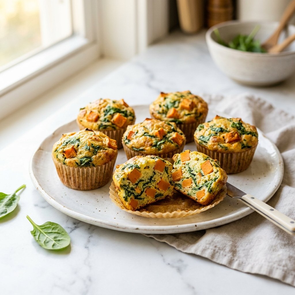 Golden egg muffins with spinach and sweet potato arranged on a white plate.