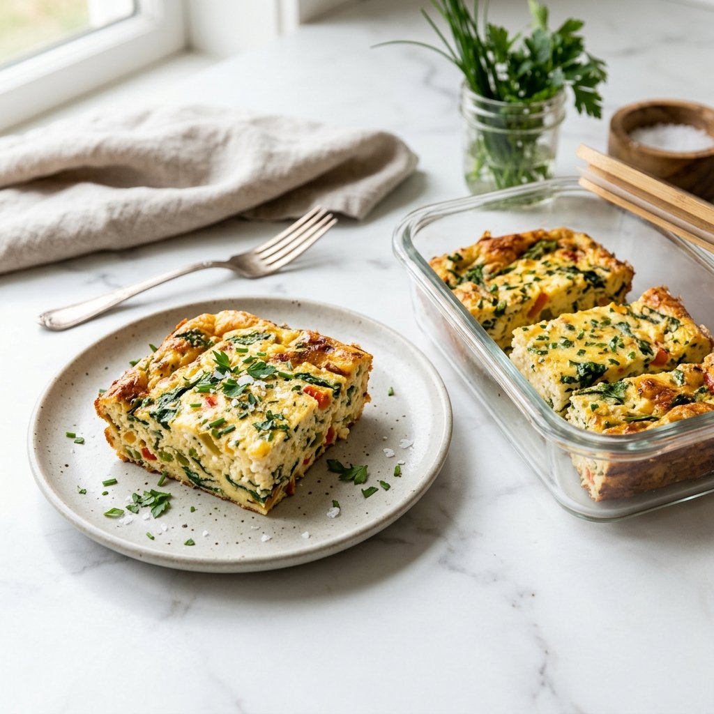 Golden cottage cheese egg bake portions served on a white plate beside a meal-prep container on a marble surface.