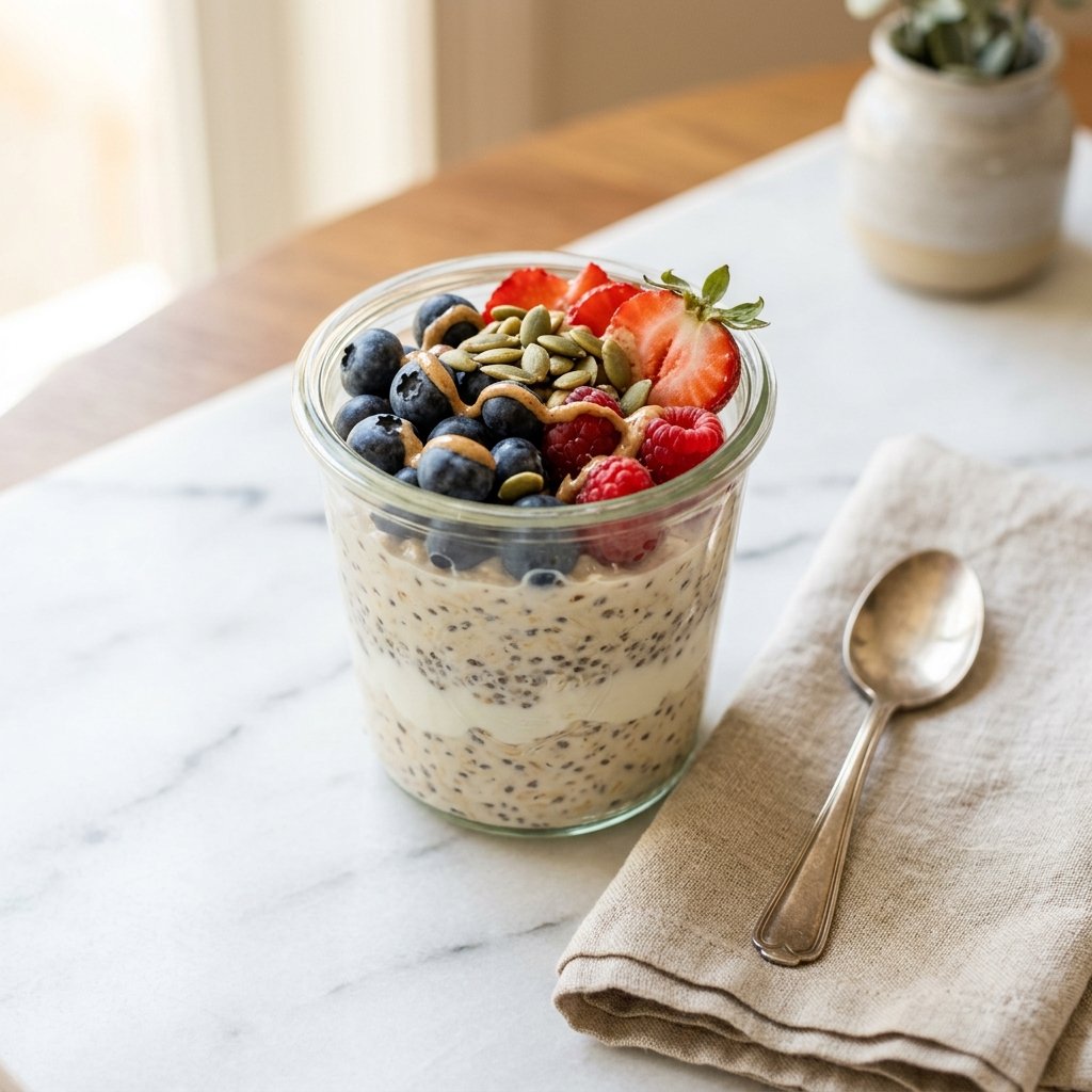 A glass jar of creamy overnight oats topped with berries, seeds, and almond butter on a white marble surface.