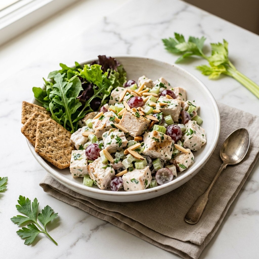 A bowl of creamy Greek yogurt chicken salad with grapes, celery, parsley, and almonds, served with leafy greens and whole-grain crackers on a white marble surface.