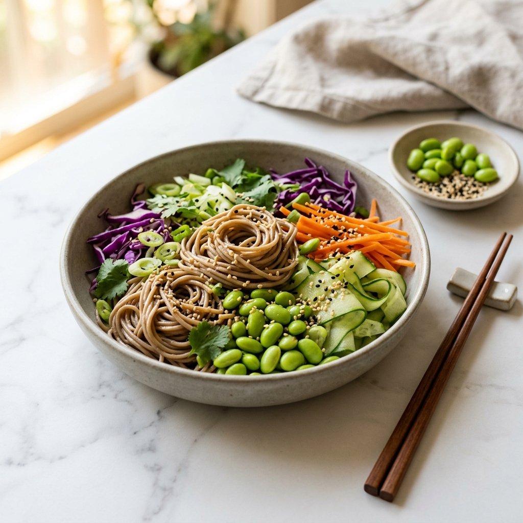 A bowl of soba noodles with edamame, cucumber, carrots, red cabbage, scallions, cilantro, and sesame seeds on a white marble surface.