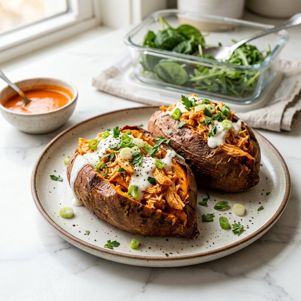 Two roasted sweet potatoes filled with shredded buffalo chicken, topped with creamy drizzle and green onions on a white plate.