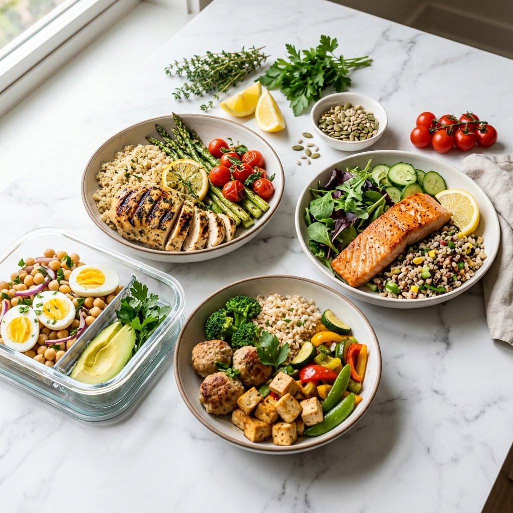 Several colorful high-protein meal-prep lunches arranged in bowls and glass containers on a white marble surface.