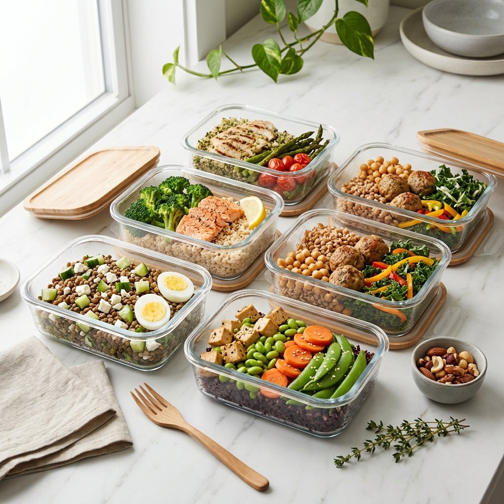 Several high-protein meal-prep lunches arranged in glass containers on a white marble surface.