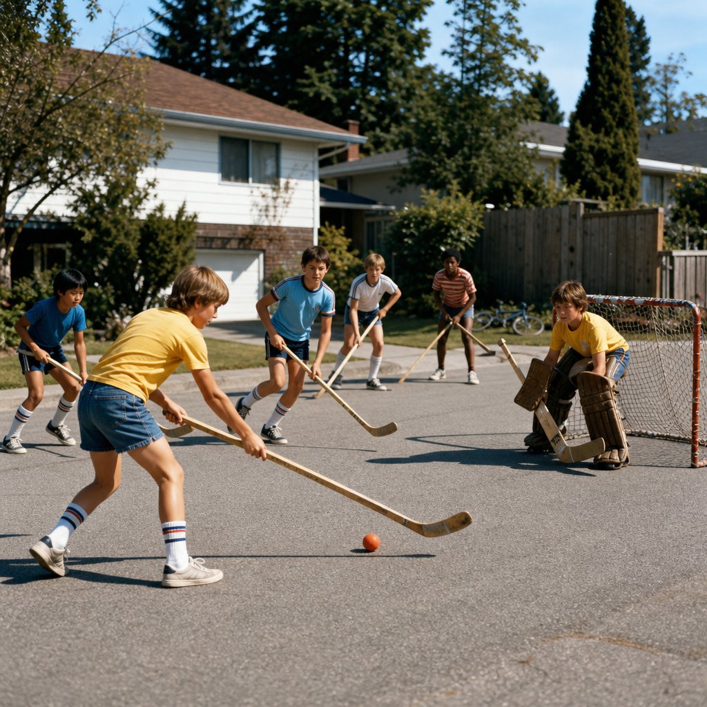 Children play street hockey on a residential neighbourhood street on a sunny summer afternoon.