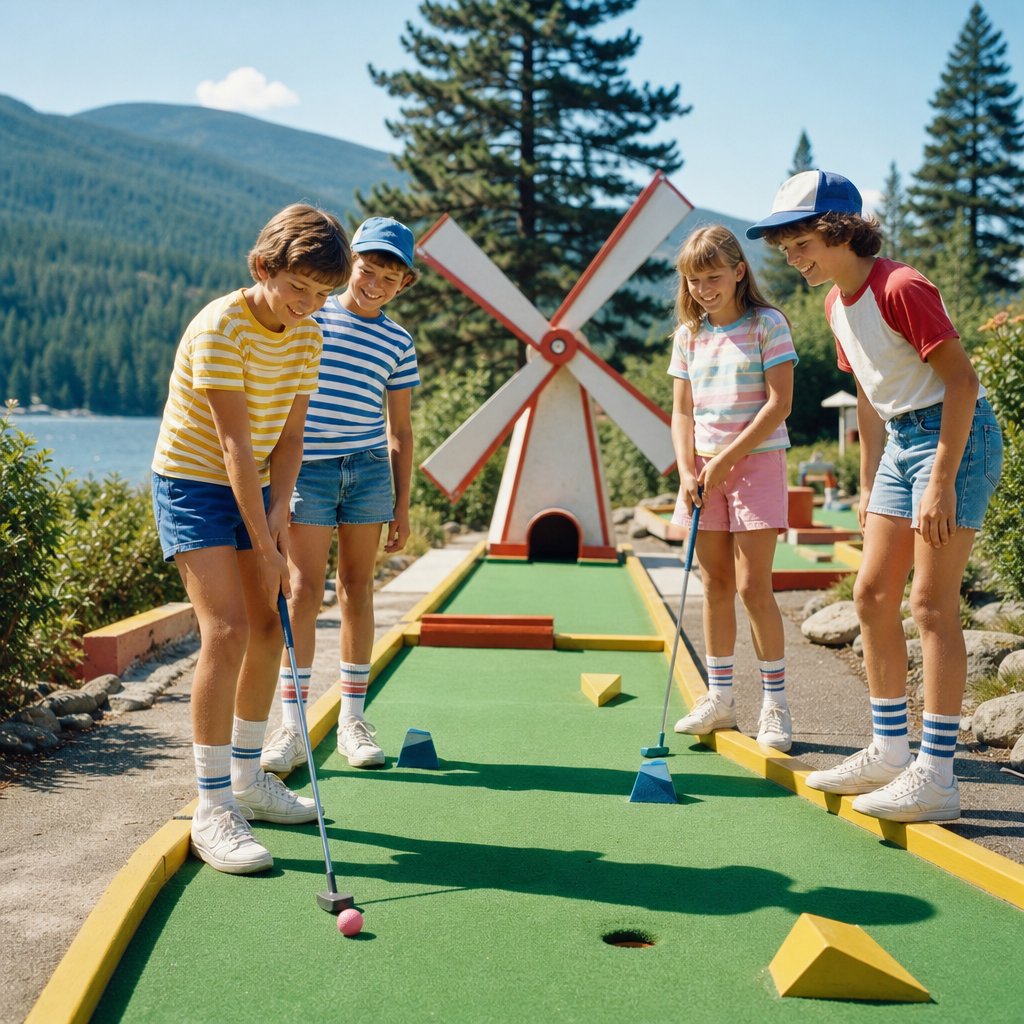 Children play mini-golf together on a sunny summer day.