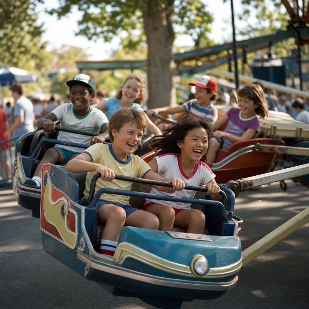 Children laugh while riding a colorful vintage amusement ride at a busy summer park.