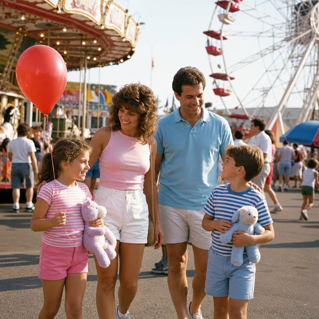 A family enjoying vintage amusement rides and attractions at a summer fair.