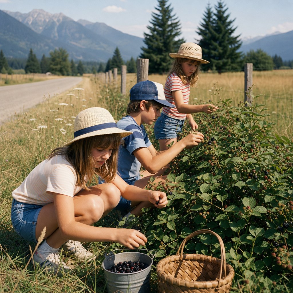 Children pick blackberries from bushes beside a rural road in a sunny British Columbia landscape.
