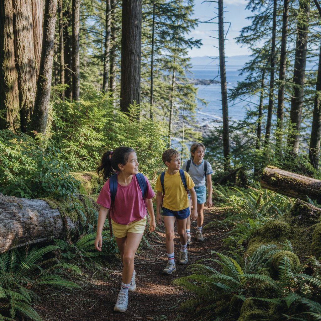 Children hike along a lush forest trail beneath towering coastal trees.
