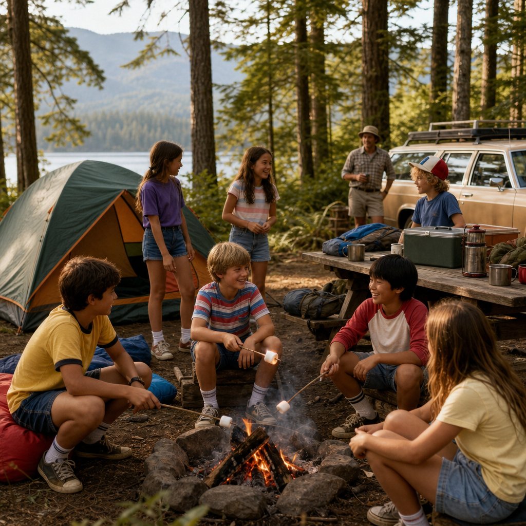 Children enjoy a summer camping trip at a forested British Columbia provincial park beside a lake.