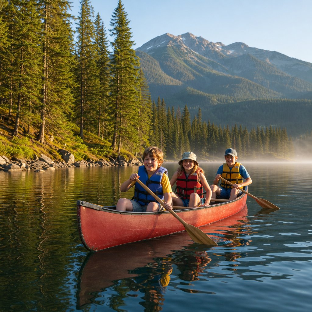 Children paddle a canoe across a calm British Columbia lake surrounded by evergreen forests and mountains.