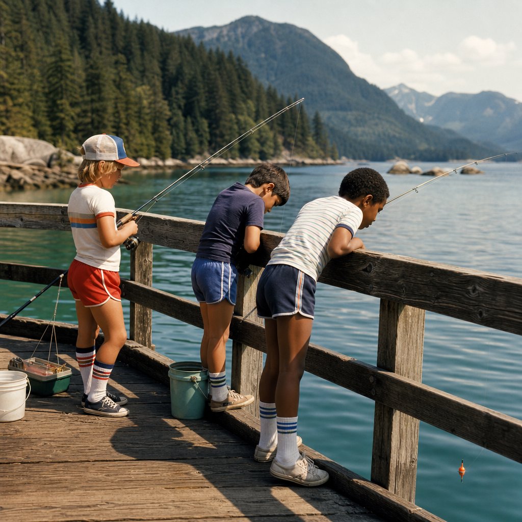 Children fish from a wooden pier surrounded by calm water, evergreen trees, and distant mountains.
