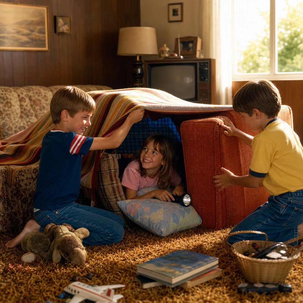Children build a blanket fort from couch cushions in a sunny family living room.