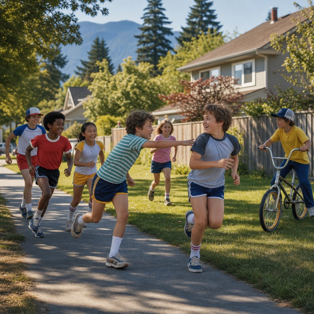 Children play tag on a sunny suburban street in a British Columbia neighbourhood.