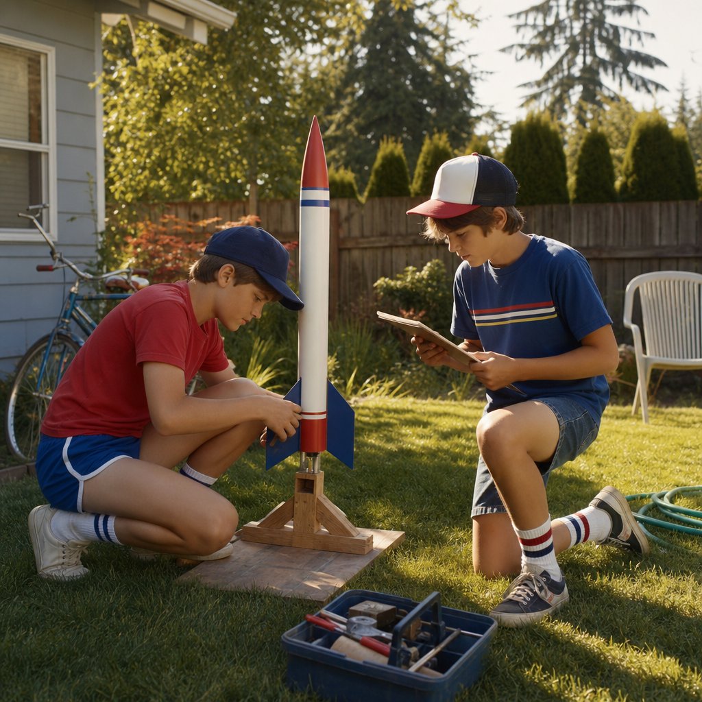 Children prepare a homemade model rocket in a sunny suburban backyard.