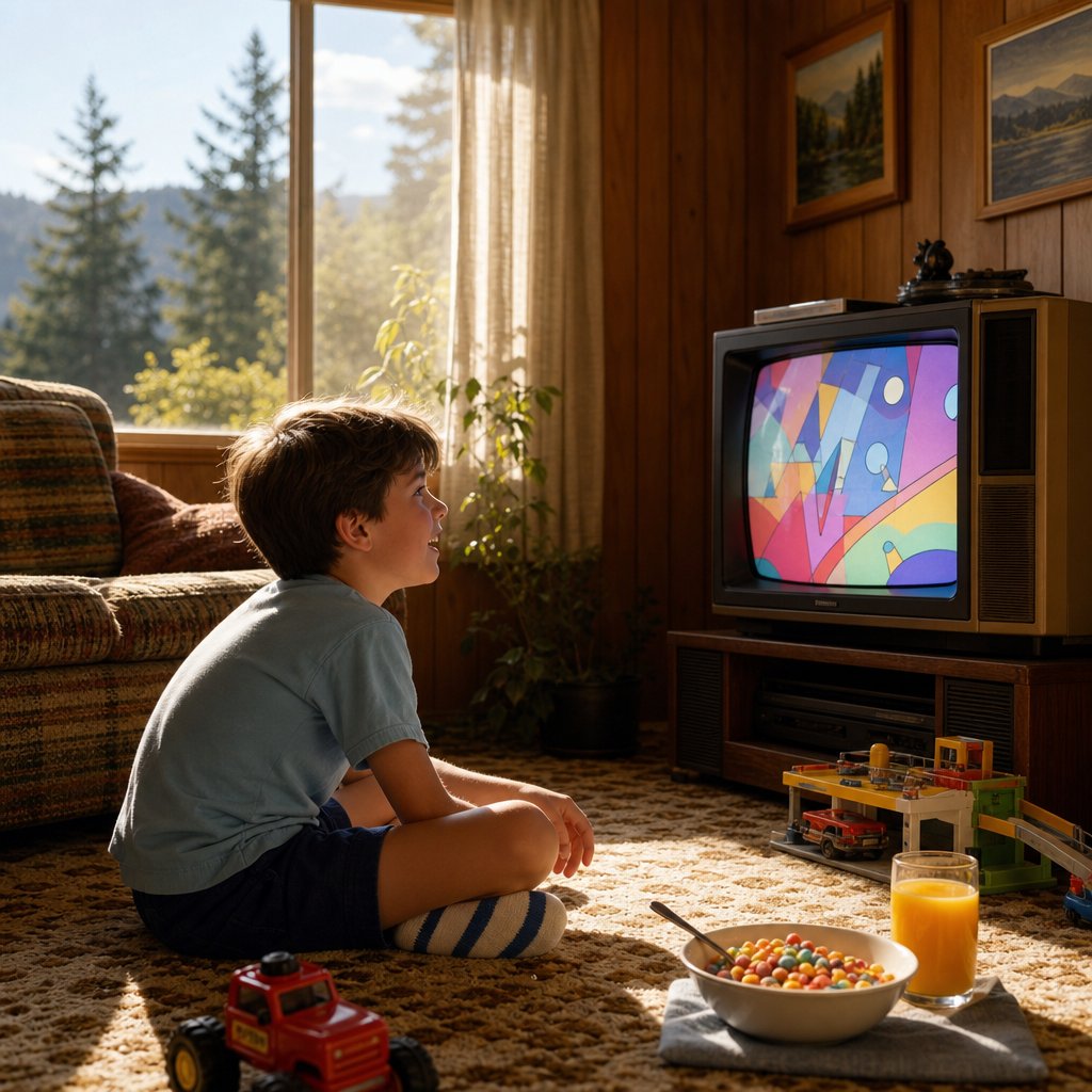 A child watches cartoons on a vintage television in a cozy 1980s living room on a sunny summer morning.