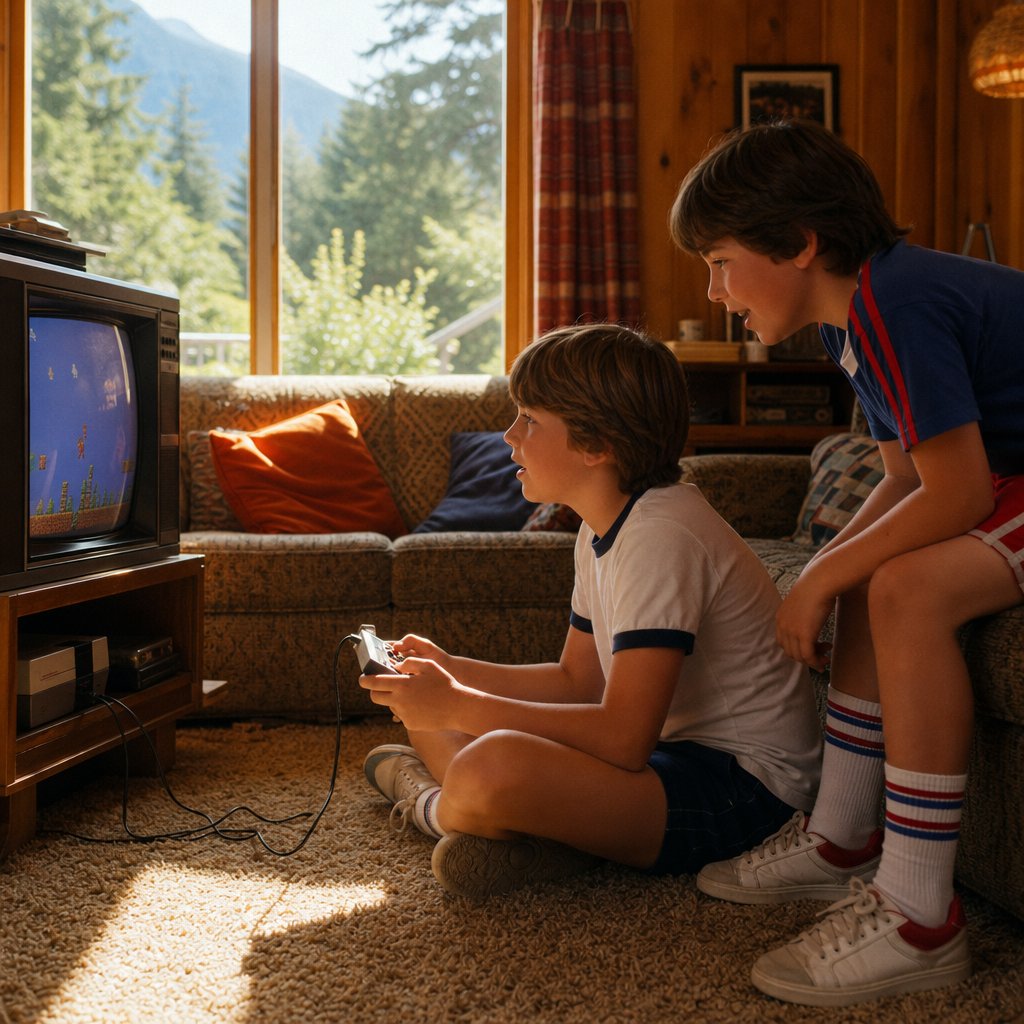 Two children play a classic video game together in a cozy 1980s living room.